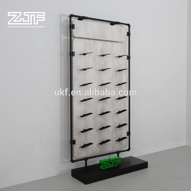 Retail sports shoes shop fixture free standing wood shoes display wall rack