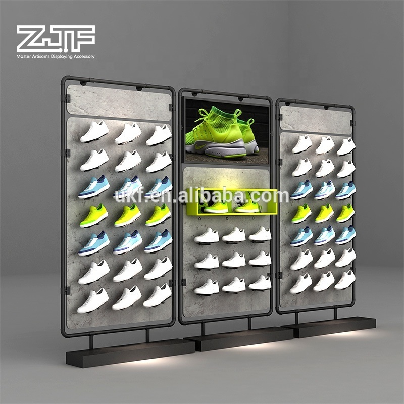 Retail sports shoes shop fixture free standing wood shoes display wall rack