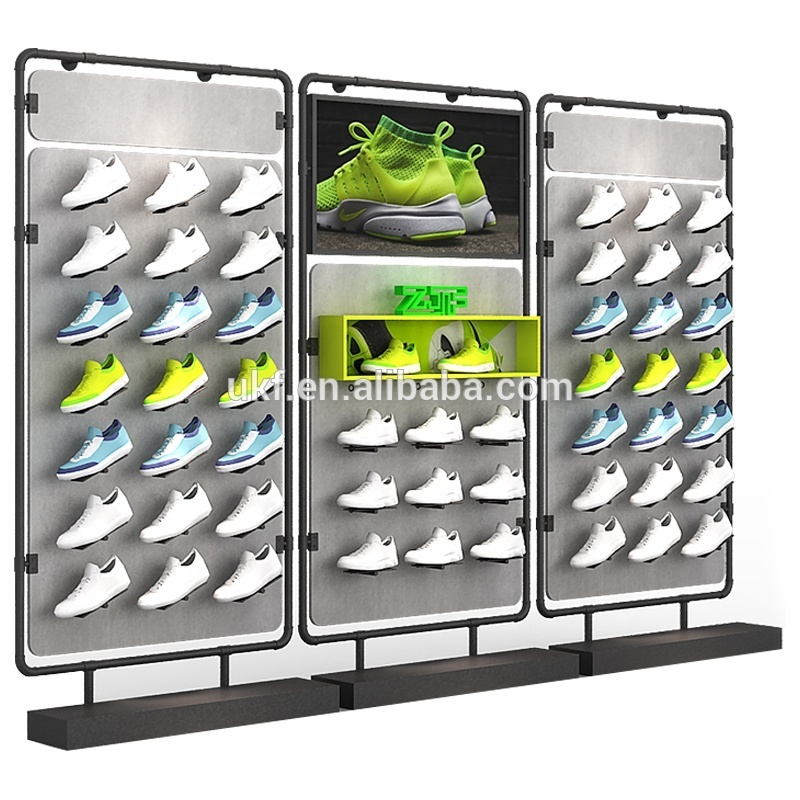 Retail sports shoes shop fixture free standing wood shoes display wall rack