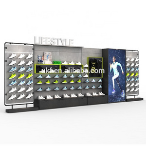 Retail sports shoes shop fixture free standing wood shoes display wall rack