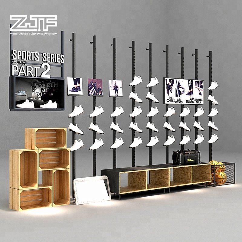 Retail store hanging hook metal shoes display rack stand with advertising light box