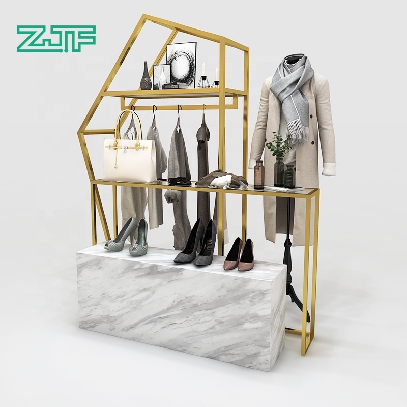 Fashion women garment store floor clothing shelf metal rose gold clothes display rack for retail