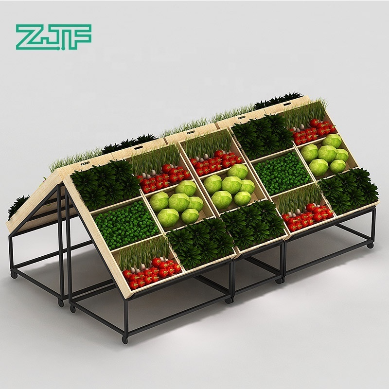 Double sides grocery vegetable fruit display rack wooden supermarket shelves design