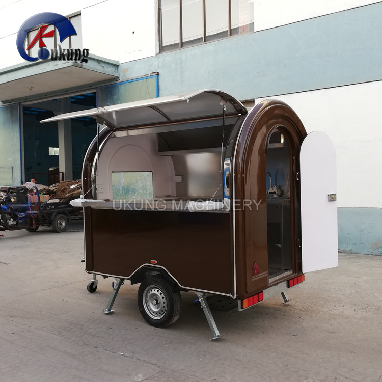 Ukung Europe approved mobile fast food kiosk, round style customized shiny brown fiberglass food truck from in China