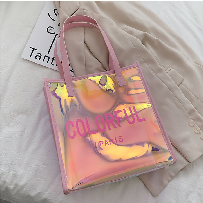 Custom Clear Transparent Pvc Vinyl Holographic Hologram Ladies Handbag Shopping Bag For Women