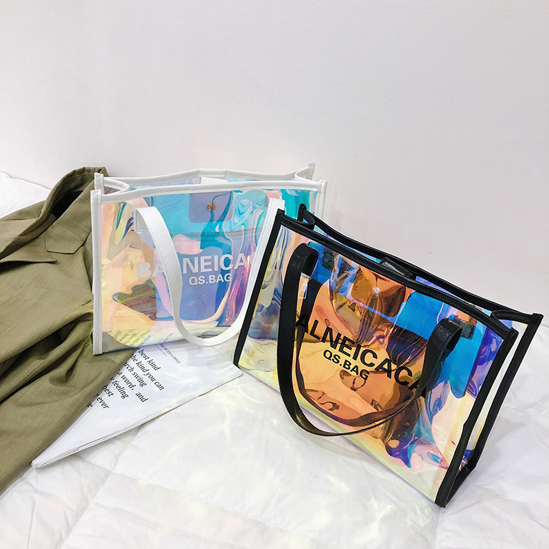 Custom Clear Transparent Pvc Vinyl Holographic Hologram Ladies Handbag Shopping Bag For Women