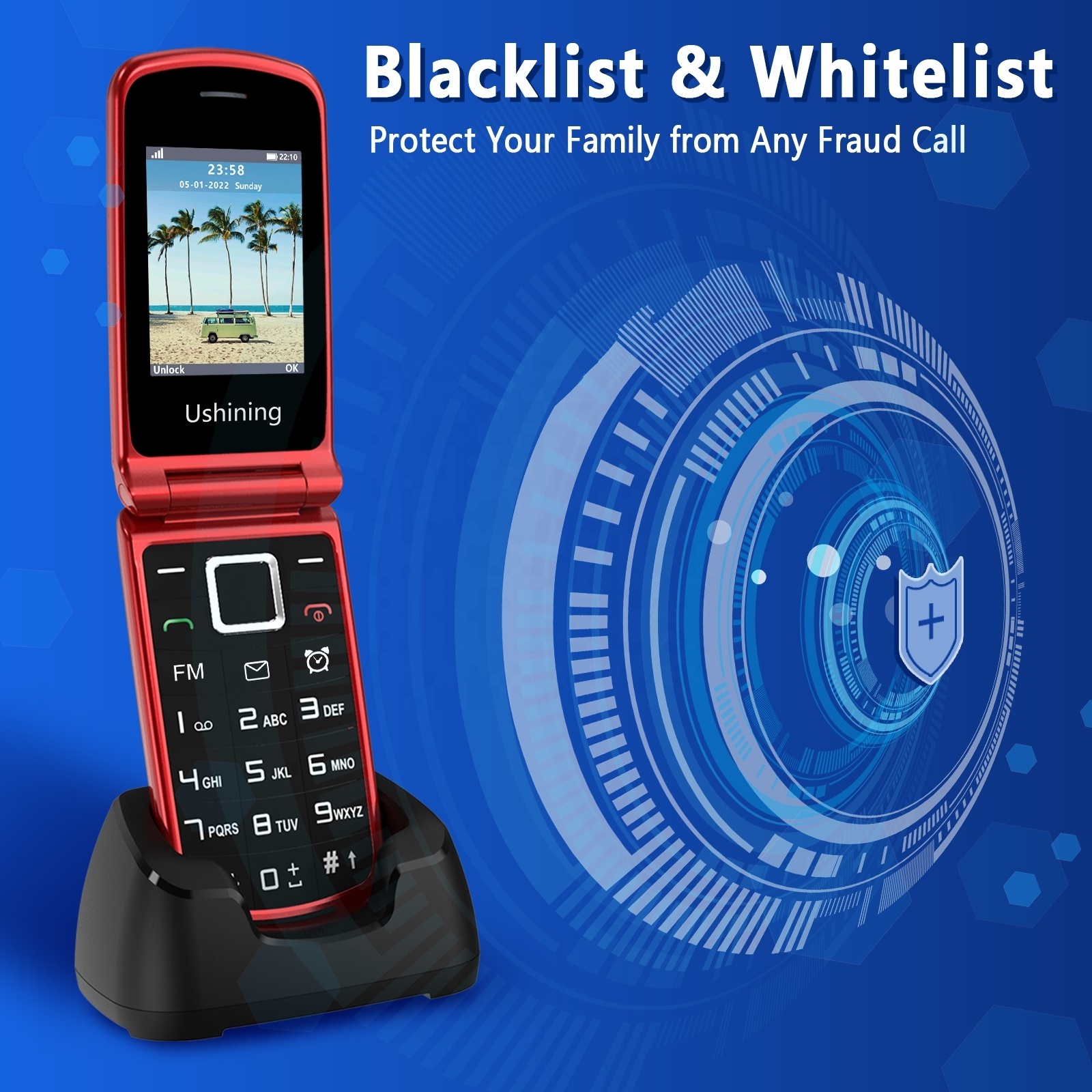 High Quality 4G Feature Phone 1.77+2.4'' Dual Screen LTE Flip Phone  with Charging Dock  FM Bluetooth for Elderly People