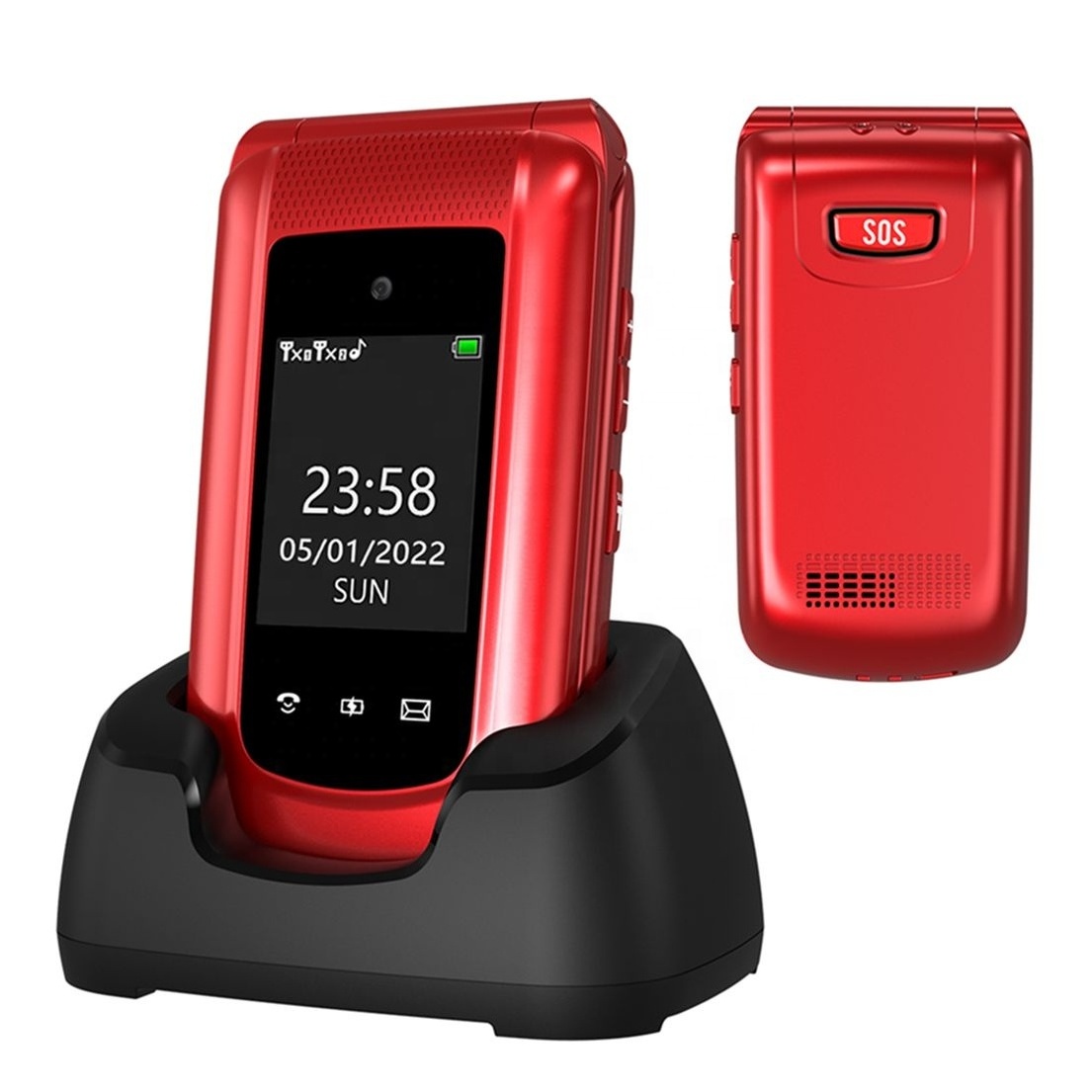 High Quality 4G Feature Phone 1.77+2.4'' Dual Screen LTE Flip Phone  with Charging Dock  FM Bluetooth for Elderly People