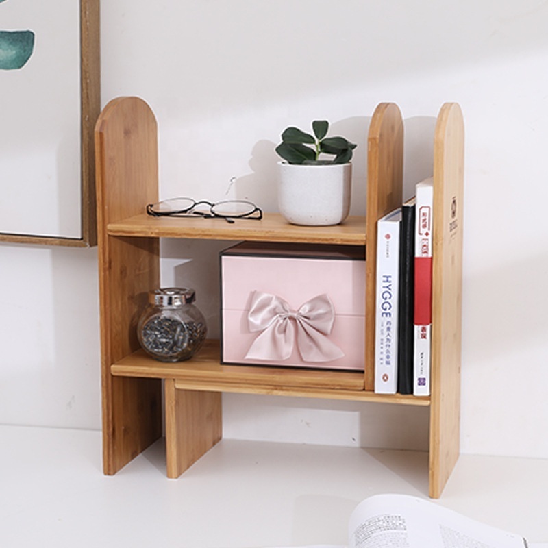 Adjustable Desk Organizer Shelf Bamboo Desktop Bookshelf Organizer