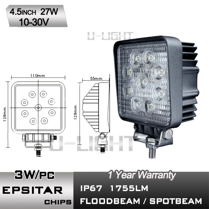 4.5 Inch Square 27W LED Cube Pods Lights For Snowmobile DC 12-24V LED Work Light With High Quality More Than 1775 Lumen