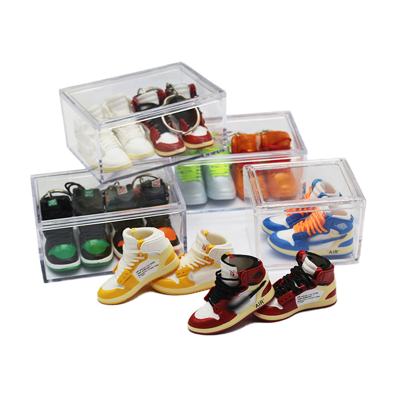 Custom Wholesale mini 3D  basketball shoe sneaker rubber keychains pvc key ring Sneaker key chain with clear shoe box