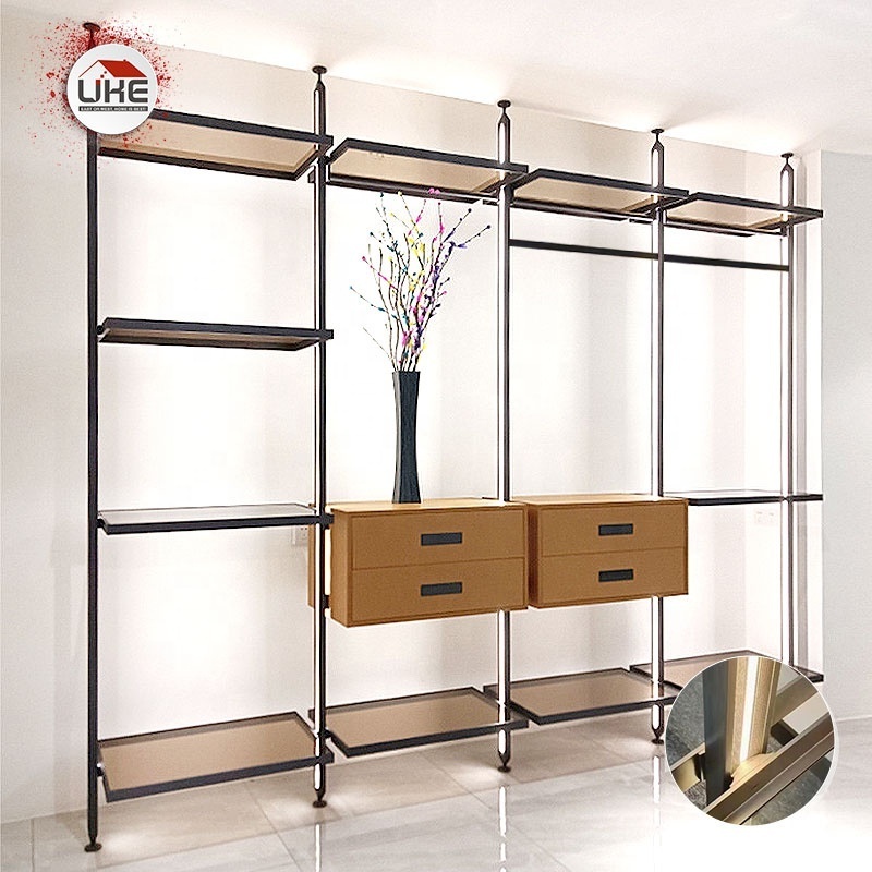 Column Cloakroom With Light Pole System Storage Rack Aluminum Profile Customized Open Walk In Wardrobe Closet