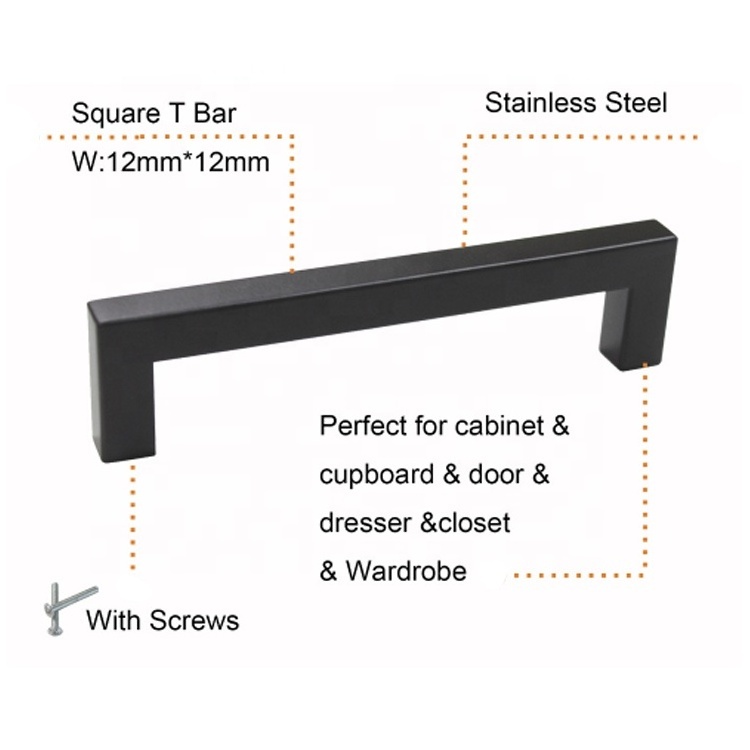 Black Cabinet Handle 160MM quare Furniture Hardware Stainless Steel Kitchen Door Knobs