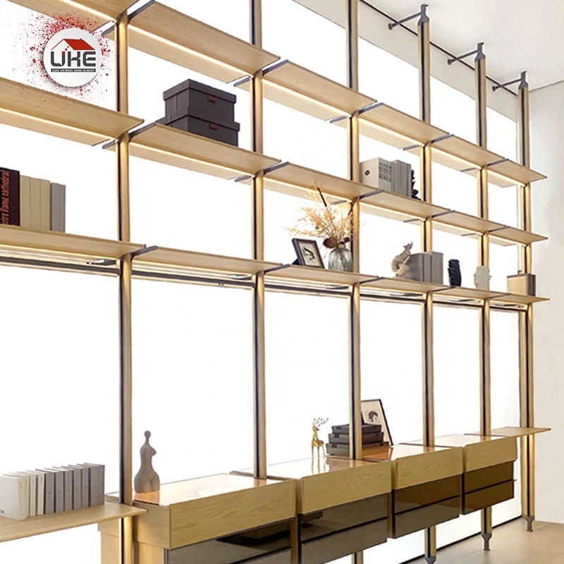 Open Wall Mounted Wooden Leather Bookcase With Drawers Column Cloakroom Wardrobe Customized Pole System Closet