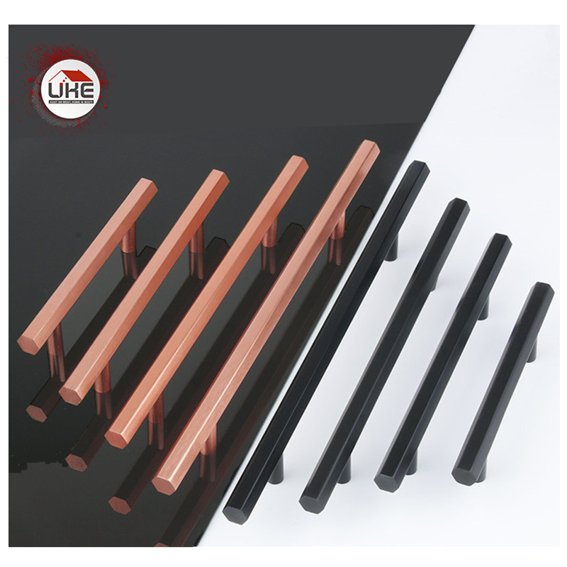 NEVER RUST Solid Hexagon Handle T Shaped Rose Gold Black Cabinet Pull Handles kitchen door pull handle home deco accessories