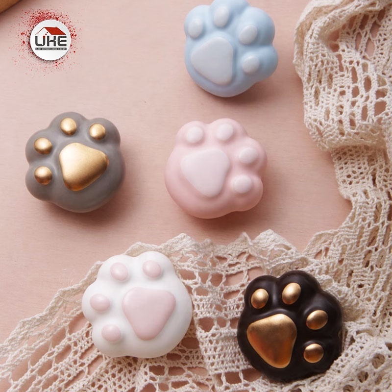 Animal Ceramic Handle Knob Cute Bear Paw Kids Drawer Wardrobe Cupboard Pulls Anti-Collision Furniture Handles