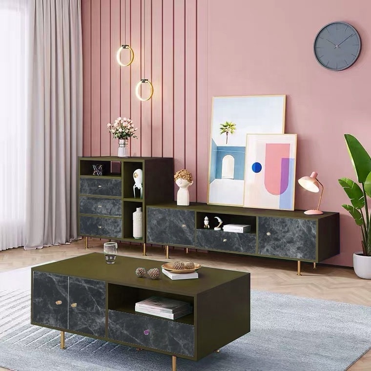 New Design Black Marble Coffee Table Set Home Apartment Bedroom Furniture Shoe Racks TV Stand Set