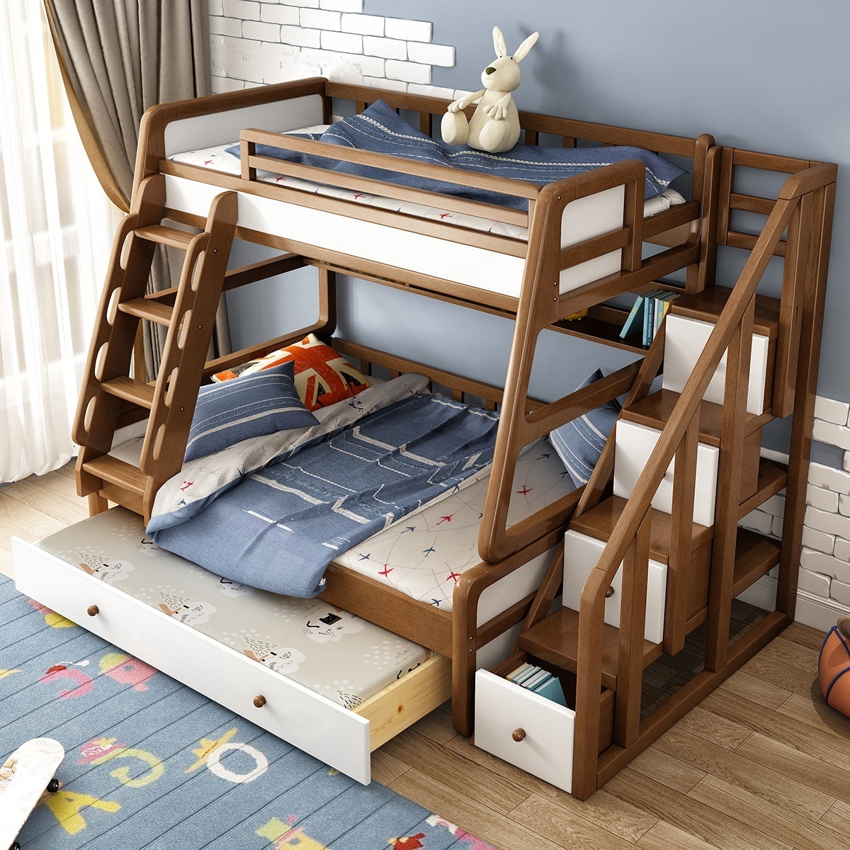 Traditional Wood Color Wooden Bunk Bed for Kids Bedroom Furniture with Storage Function