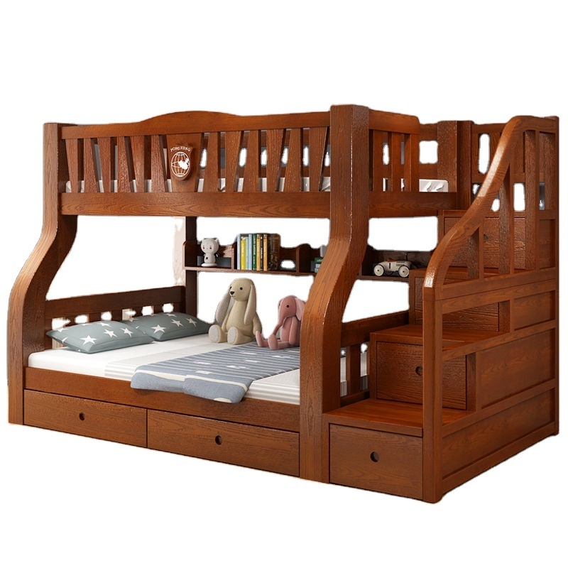 Traditional Wood Color Wooden Bunk Bed for Kids Bedroom Furniture with Storage Function