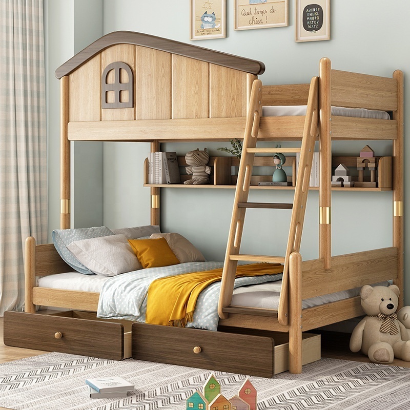 Traditional Wood Color Wooden Bunk Bed for Kids Bedroom Furniture with Storage Function