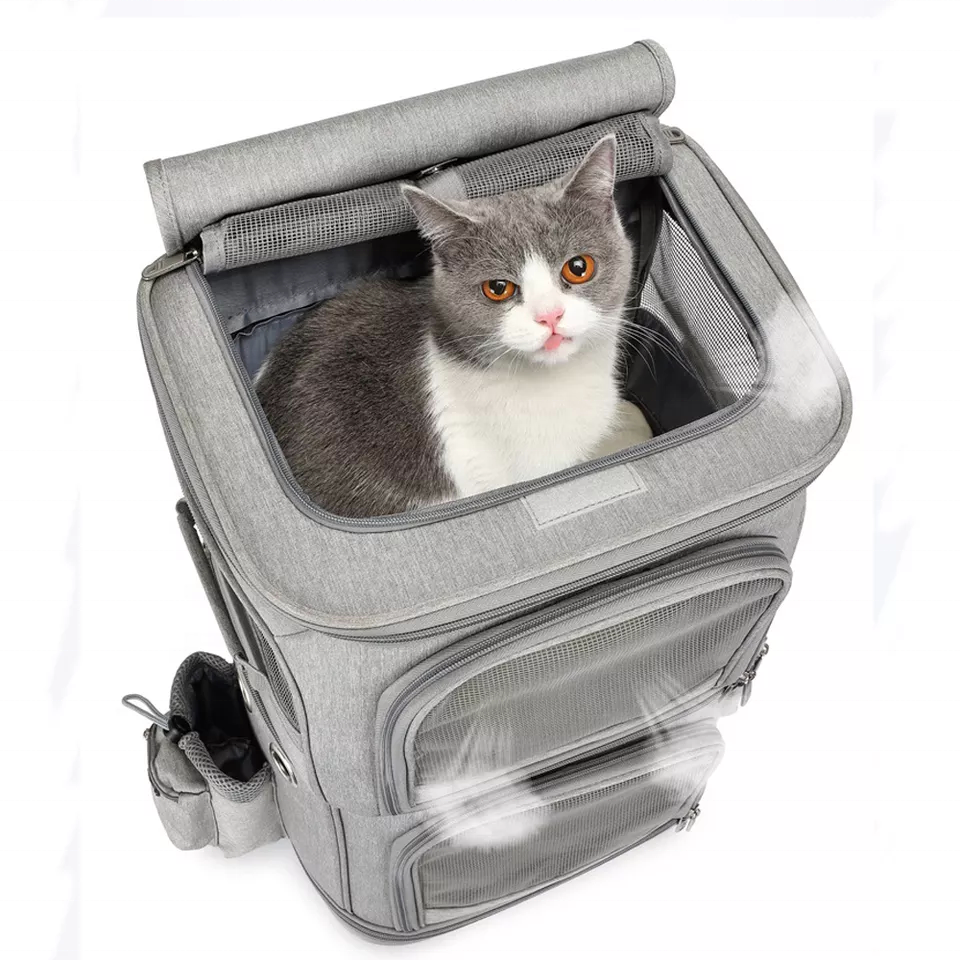 Breathable Cat Stroller Double with Wheels Trolley Pet Carrier Rolling Backpack for Cats and Dogs