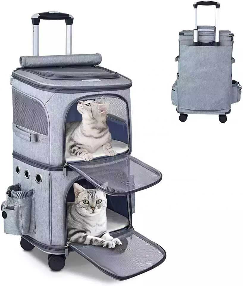 Breathable Cat Stroller Double with Wheels Trolley Pet Carrier Rolling Backpack for Cats and Dogs