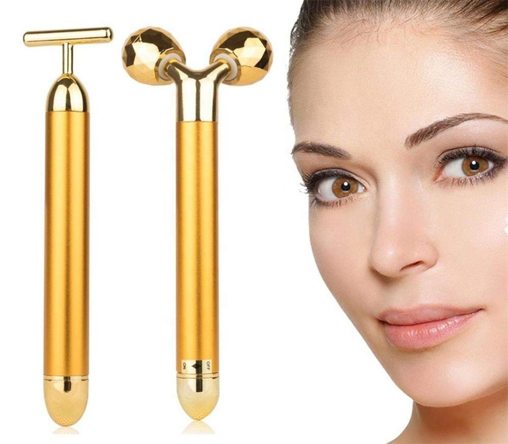 2 in 1 24k Beauty Bar Golden Pulse Facial Massager Kit and Electric 3D Roller for Face Pull Tight Firming Lift