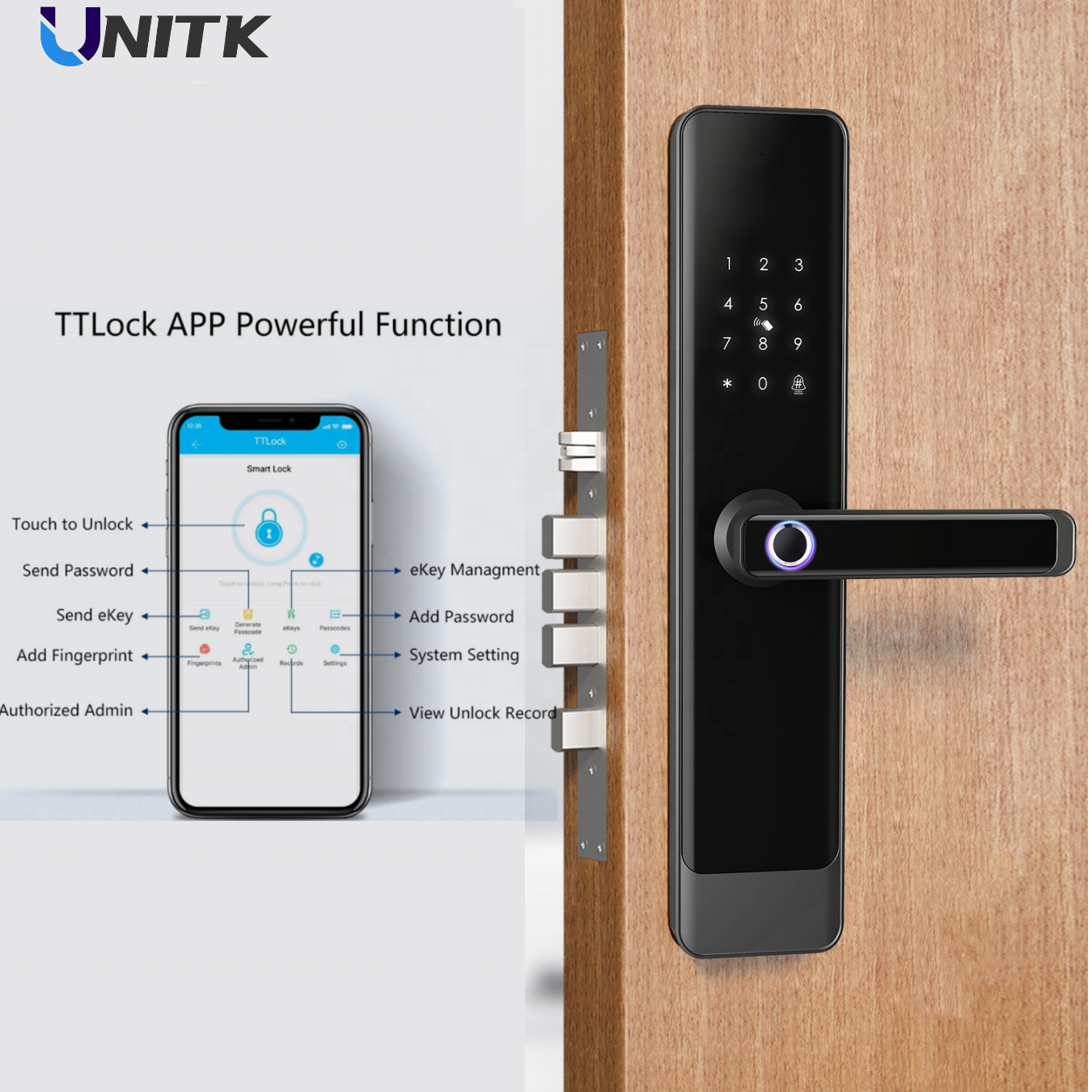 UNITK TTlock APP smart handle door lock fingerprint ble password keyless entry lock