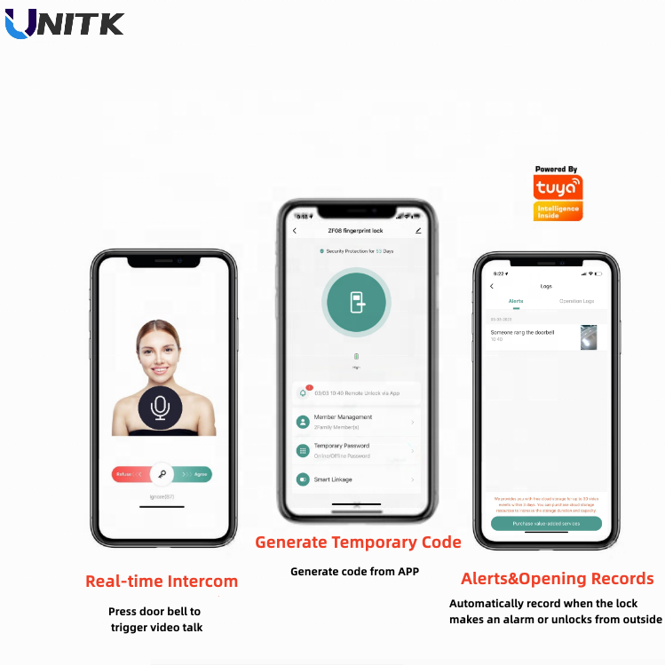 UNITK smart door handle lock ble password keyless  fingerprint digital safe door lock for home