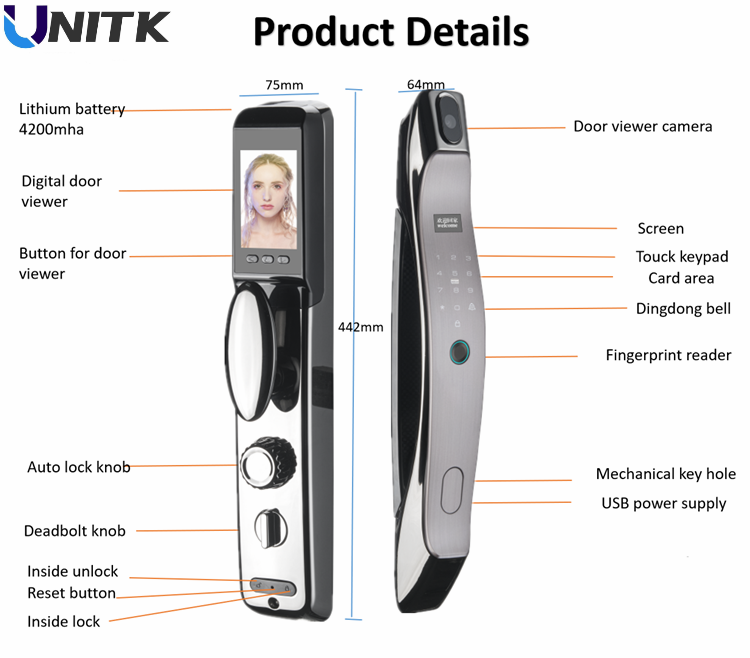 UNITK Smart Tuya Wifi APP Remote Control Fingerprint Password Keyless Gate Lock Smart Door Lock with Camera