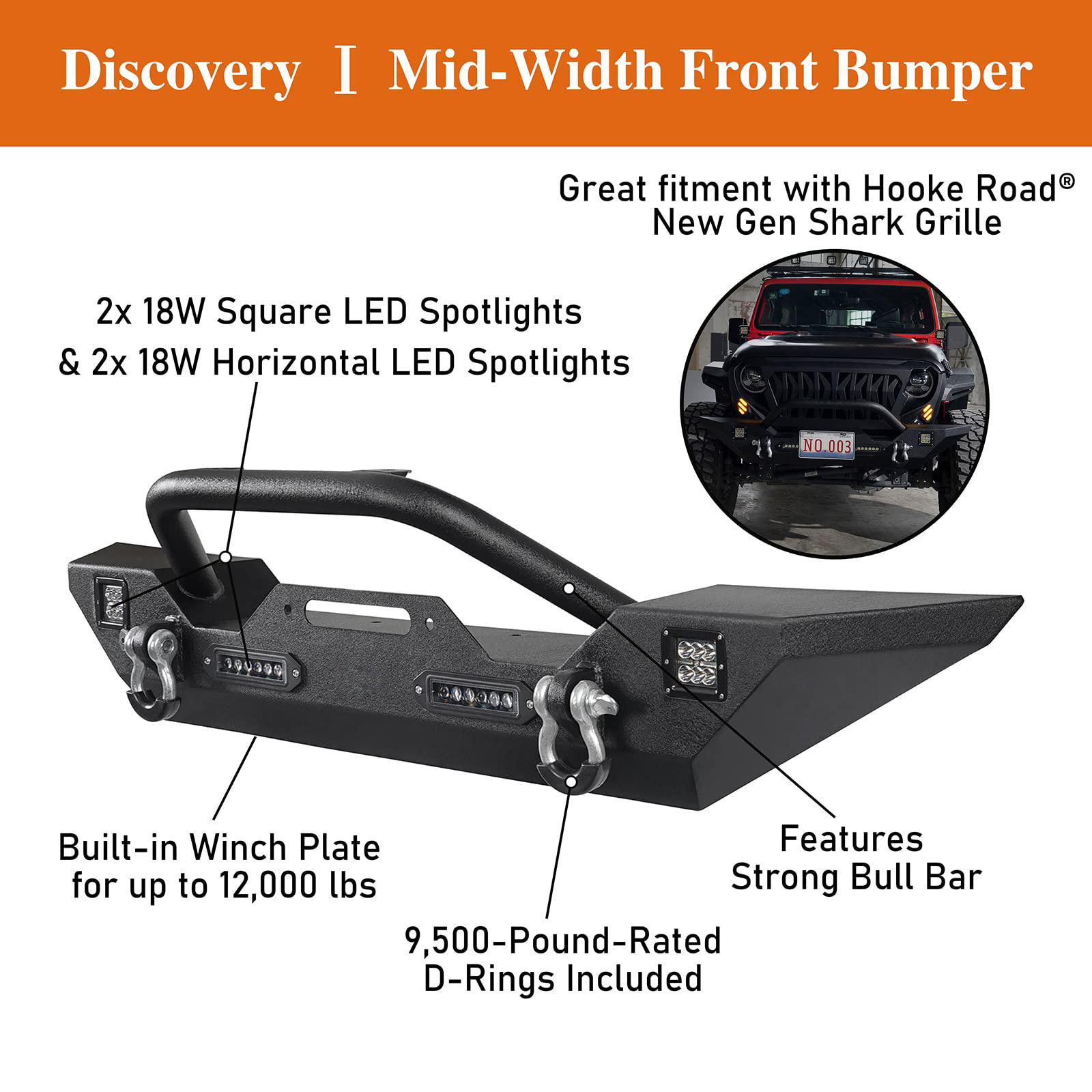 Front & Rear Bumper Combo w/Winch Plate & Spare Tire Carrier & LED Lights & D Rings Compatible with Jeep Wrangler JK 2007-2018