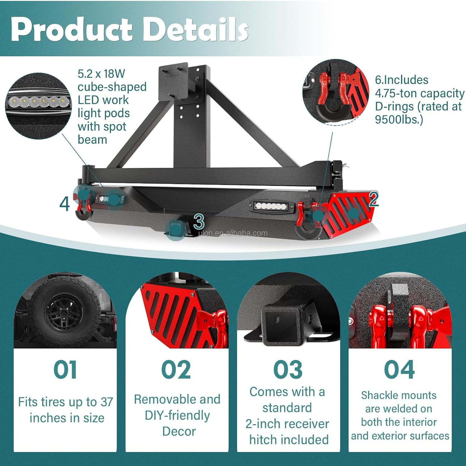 Factory Price OEM Off-Road Rear Bumper with Spare Tire Carrier Fit 2007-2018 Jeep Wrangler JK JKU, Built-in Hitch Receiver