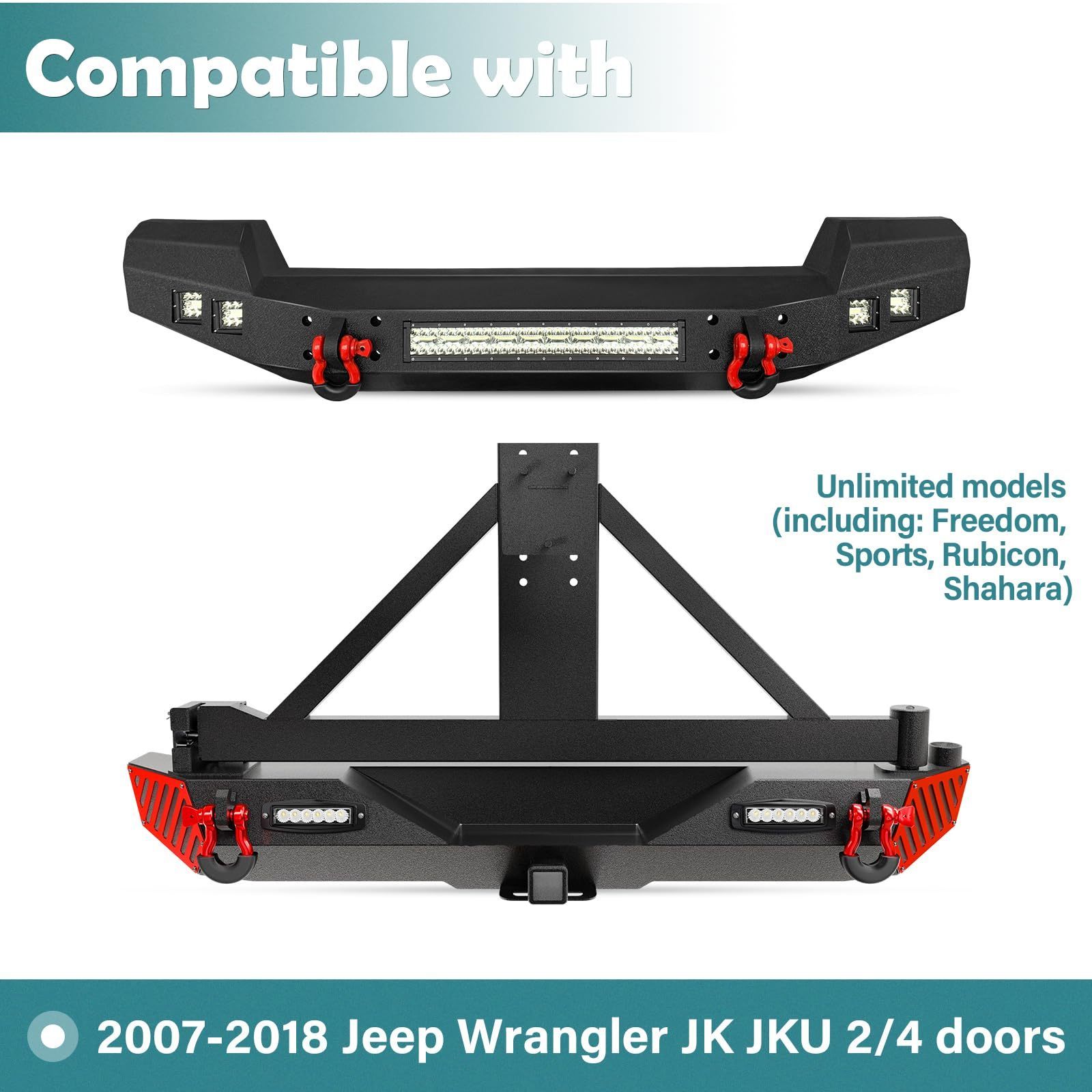 Hot Sell Full Width Front & Rear Bumper Combo with Spare Tire Carrier Compatible with 2007-2018 Jeep Wrangler JK JKU Unlimited