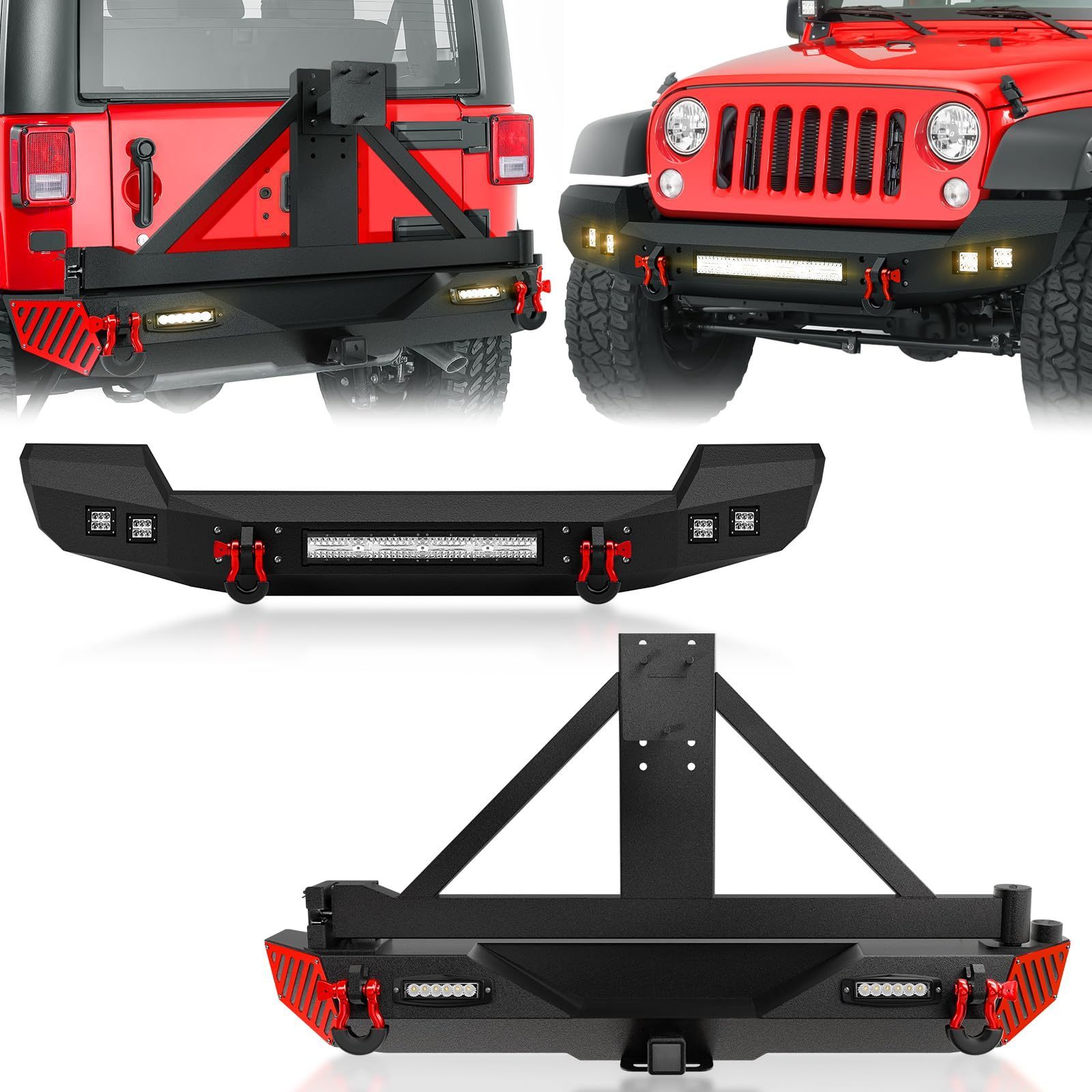 Hot Sell Full Width Front & Rear Bumper Combo with Spare Tire Carrier Compatible with 2007-2018 Jeep Wrangler JK JKU Unlimited