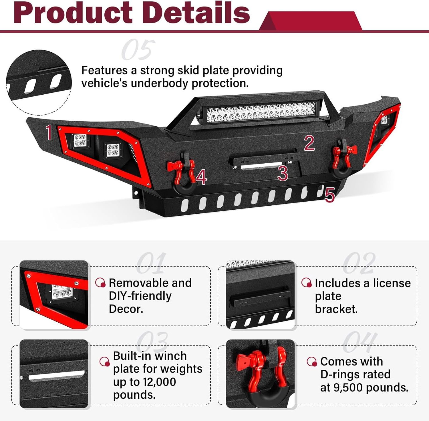 Factory Price Front Pickup Truck Bumper Fit 2005-2015 Toyota Tacoma 2nd Gen Equipped with Skid Plate, 4 x 18W LED Lights