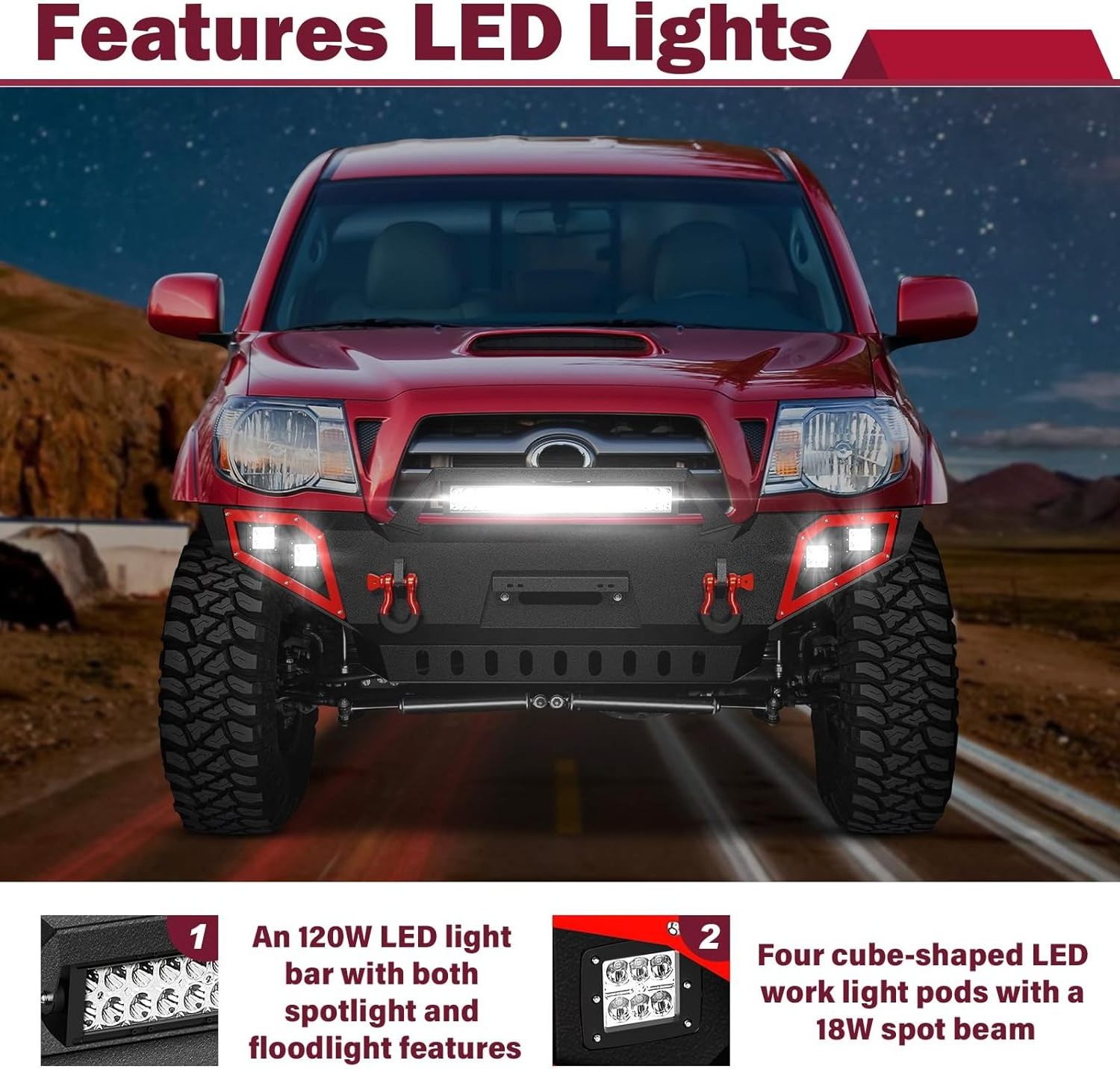 Factory Price Front Pickup Truck Bumper Fit 2005-2015 Toyota Tacoma 2nd Gen Equipped with Skid Plate, 4 x 18W LED Lights