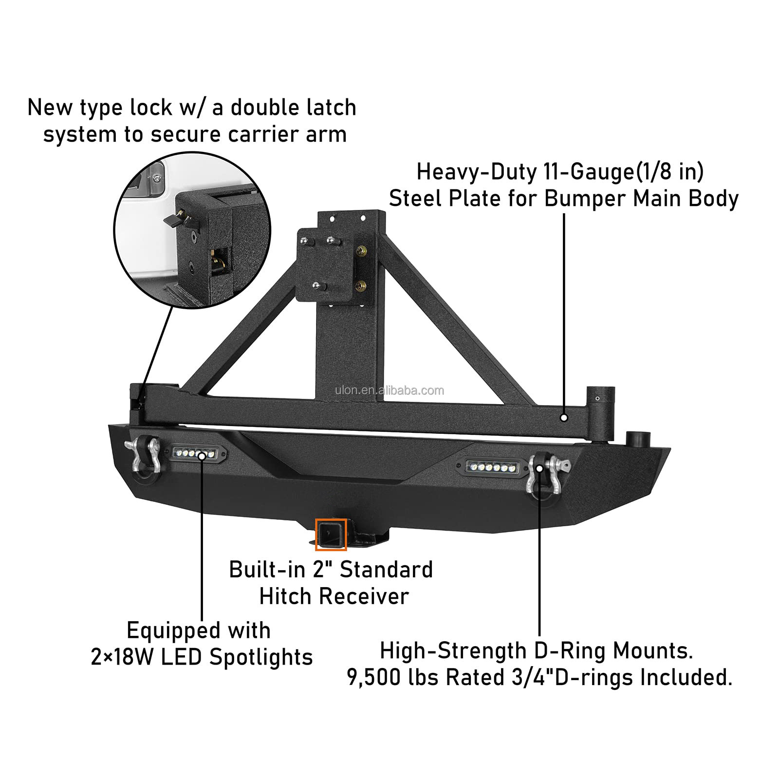 Front & Rear Bumper Combo w/Winch Plate & Spare Tire Carrier & LED Lights & D Rings Compatible with Jeep Wrangler JK 2007-2018