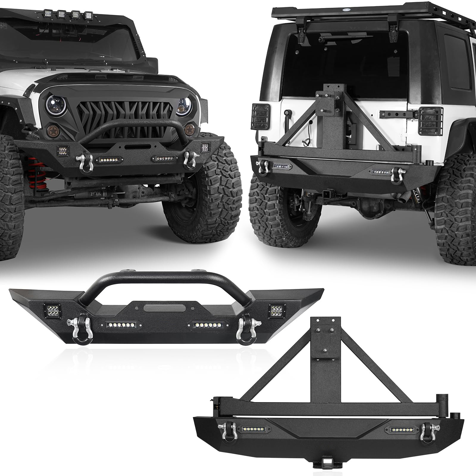 Front & Rear Bumper Combo w/Winch Plate & Spare Tire Carrier & LED Lights & D Rings Compatible with Jeep Wrangler JK 2007-2018