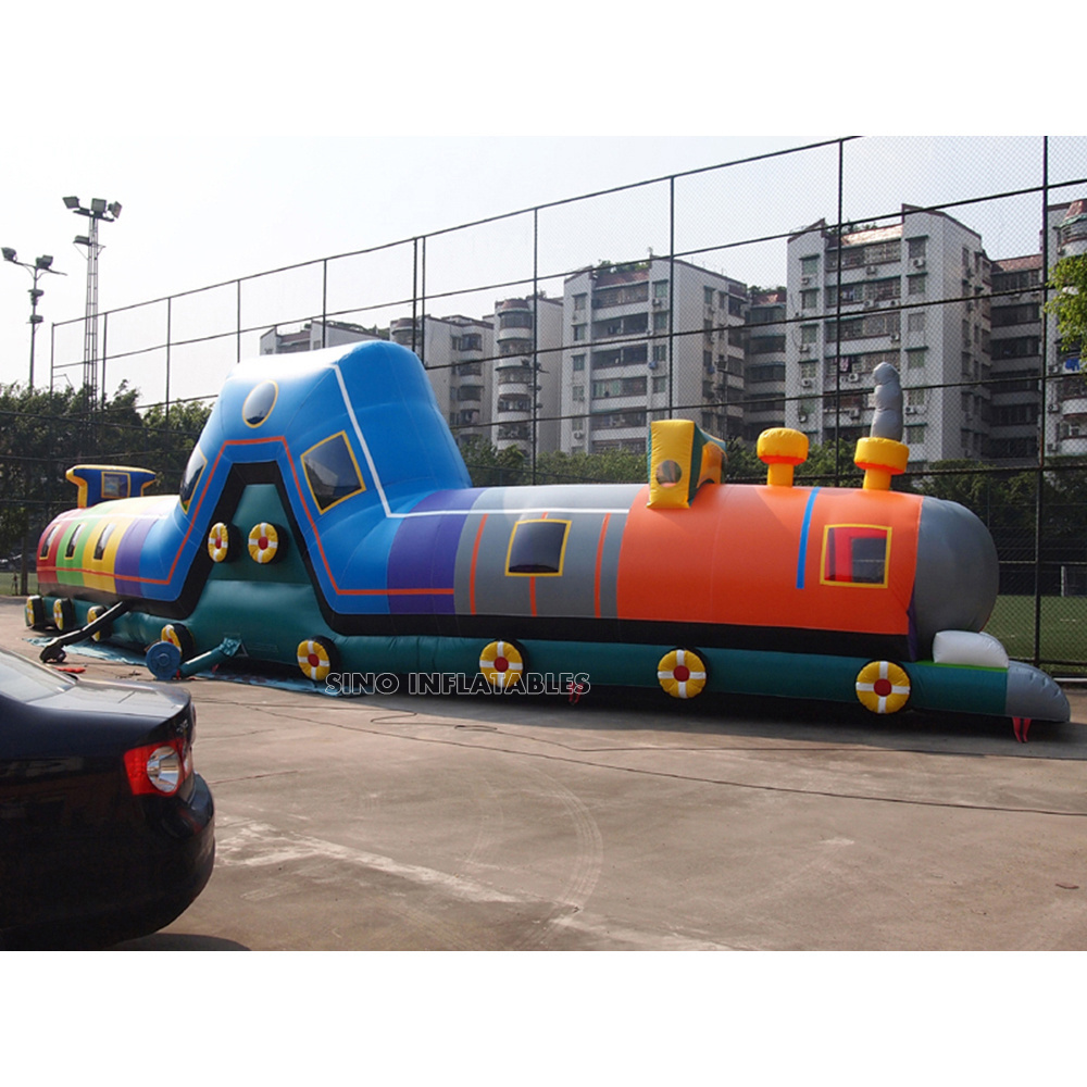 20m long giant children backyard inflatable train tunnel with slide and obstacle course inside for entertainment