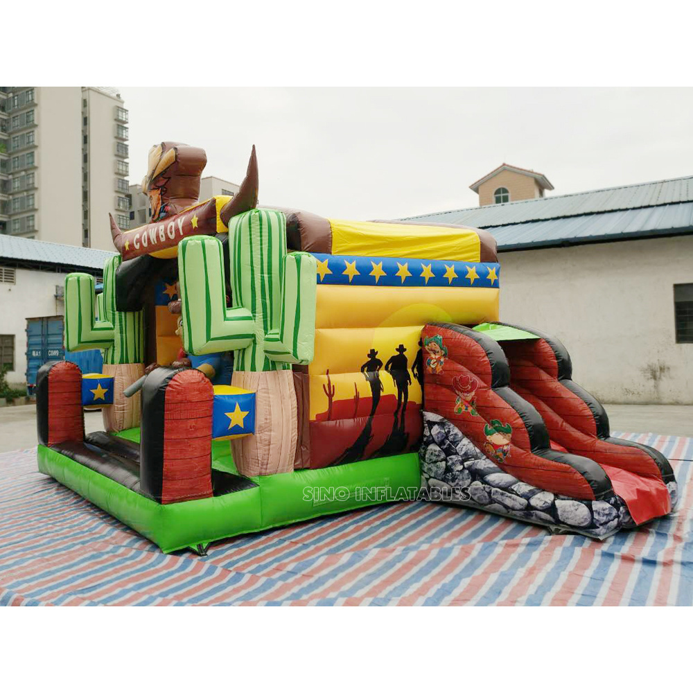 6x4.5 meters commercial grade kids cowboy inflatable bouncy castle with slide certified by EN14960 from China inflatable factory