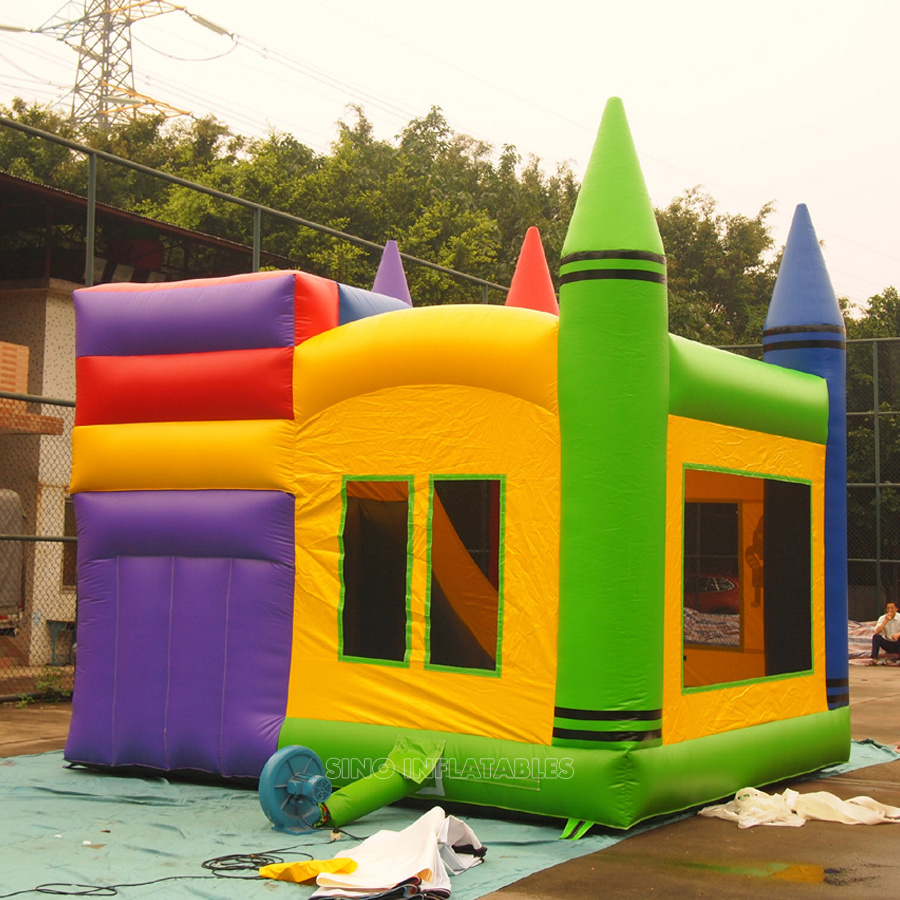 5x5m outdoor commercial kids crayon inflatable bounce house with basketball ring N slide inside for kids parties