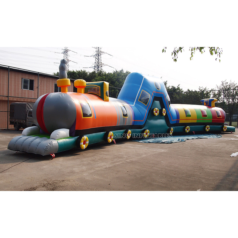 20m long giant children backyard inflatable train tunnel with slide and obstacle course inside for entertainment