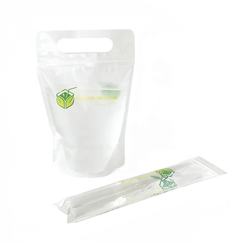 Smoothie Touch Juice Pouches With Single Pack Straw Hand-Held Translucent Reclosable Ziplock Drink Bag