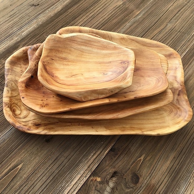 Wholesale Unique Design Elegant Hand-carved Natural Root Craft Large Size Small Wooden Dish Tray for for Fruit Vegetable Basket