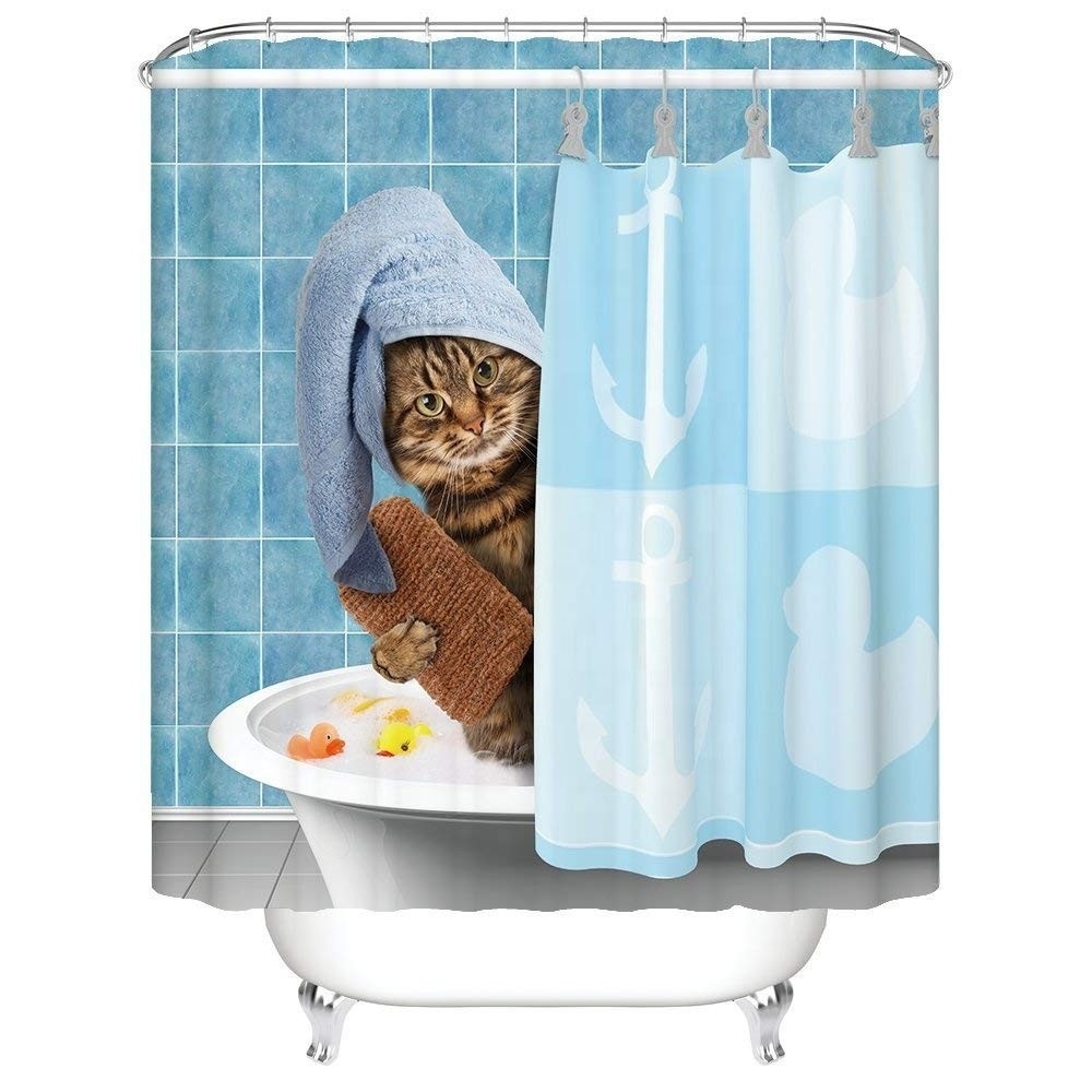 Amazing Unique Design Waterproof Kids Cartoon Funny Yoga Cat Animal Spots Shower Curtains