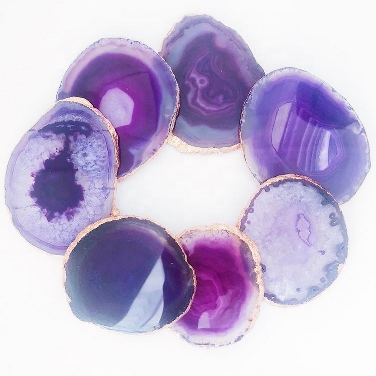 Luxury Home Decoration Natural Rose Quartz Crystal Round Green Purple Stone Gemstone Agate Coaster Slices with Gold Trim