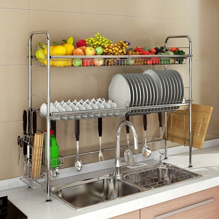 Multifunctional Stainless Steel 2 Tier Kitchen Utensils Dish Drying Drainer Storage Rack Over the Sink with Metal Holder Shelf