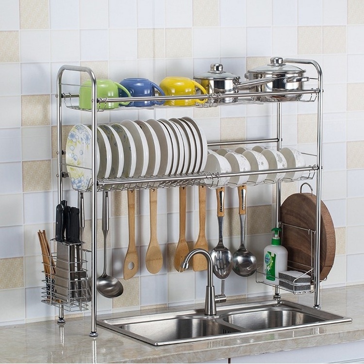 Multifunctional Stainless Steel 2 Tier Kitchen Utensils Dish Drying Drainer Storage Rack Over the Sink with Metal Holder Shelf