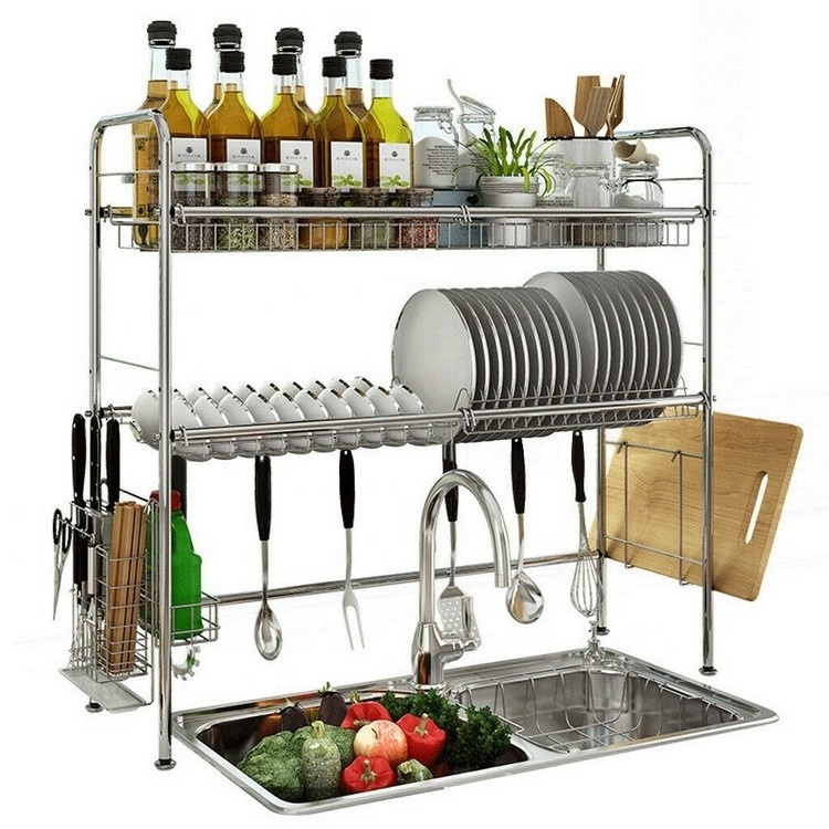 Multifunctional Stainless Steel 2 Tier Kitchen Utensils Dish Drying Drainer Storage Rack Over the Sink with Metal Holder Shelf