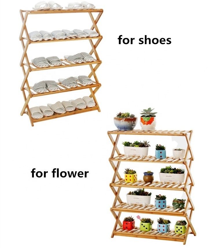 2024 Cheap Wholesale Modern Custom Portable Foldable 10 Tiers 50 Pair Bamboo Wooden Shoe Rack for Home Flower Pots & Planter